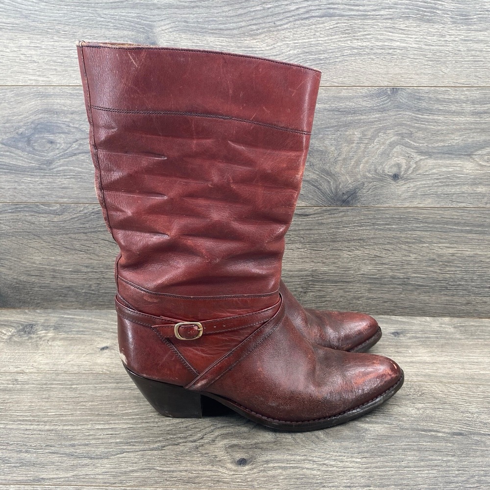 Santini Leather Boots Women Size 8 Red Brazil Western Knee High Buckle